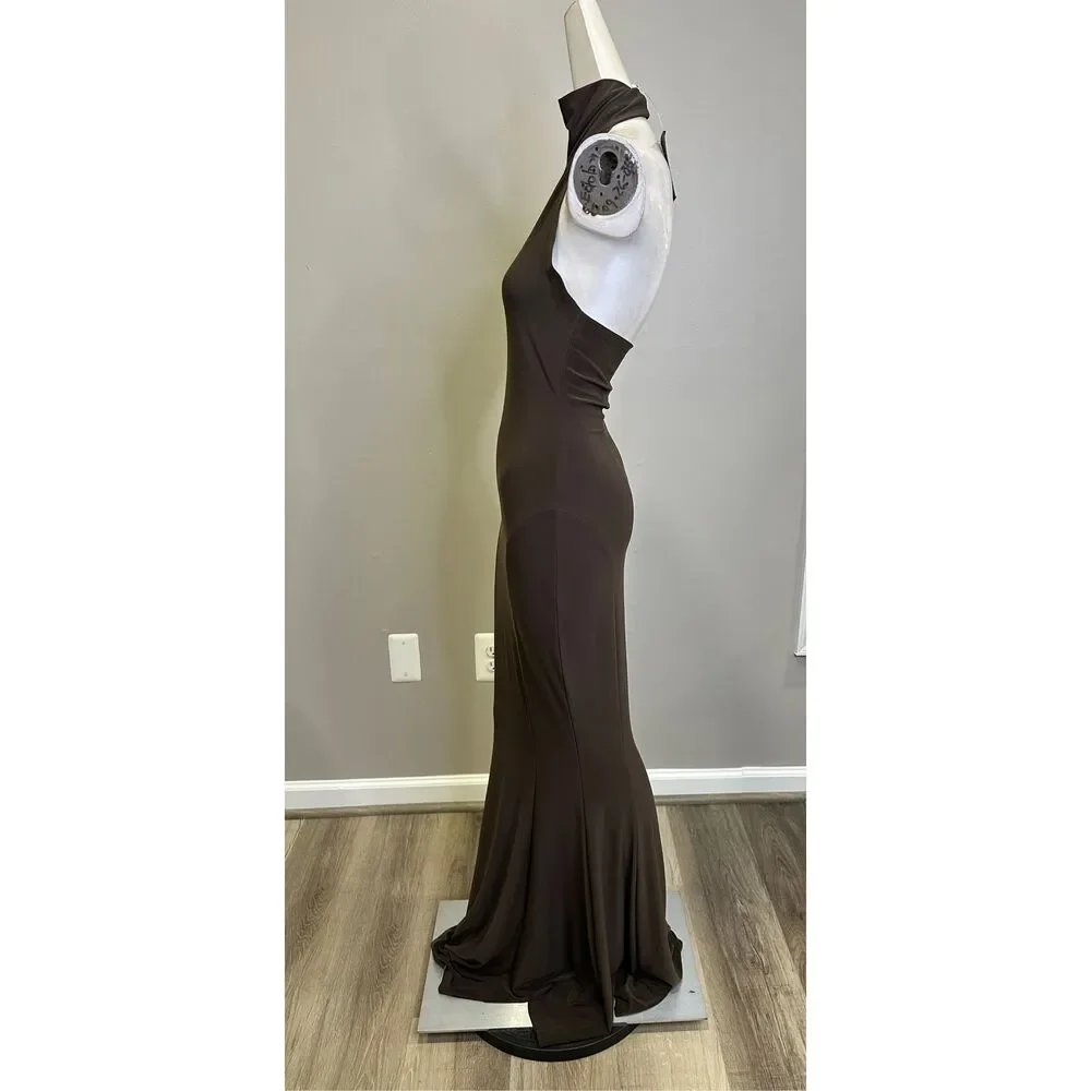NWT Norma Kamali Halter Turtle Fishtail Gown in Chocolate Size XXS $195 - Picture 6 of 10
